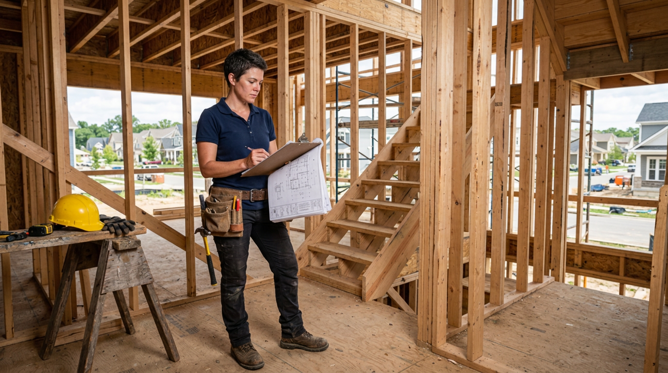 Site supervisor reviewing blueprints in a framed home under construction