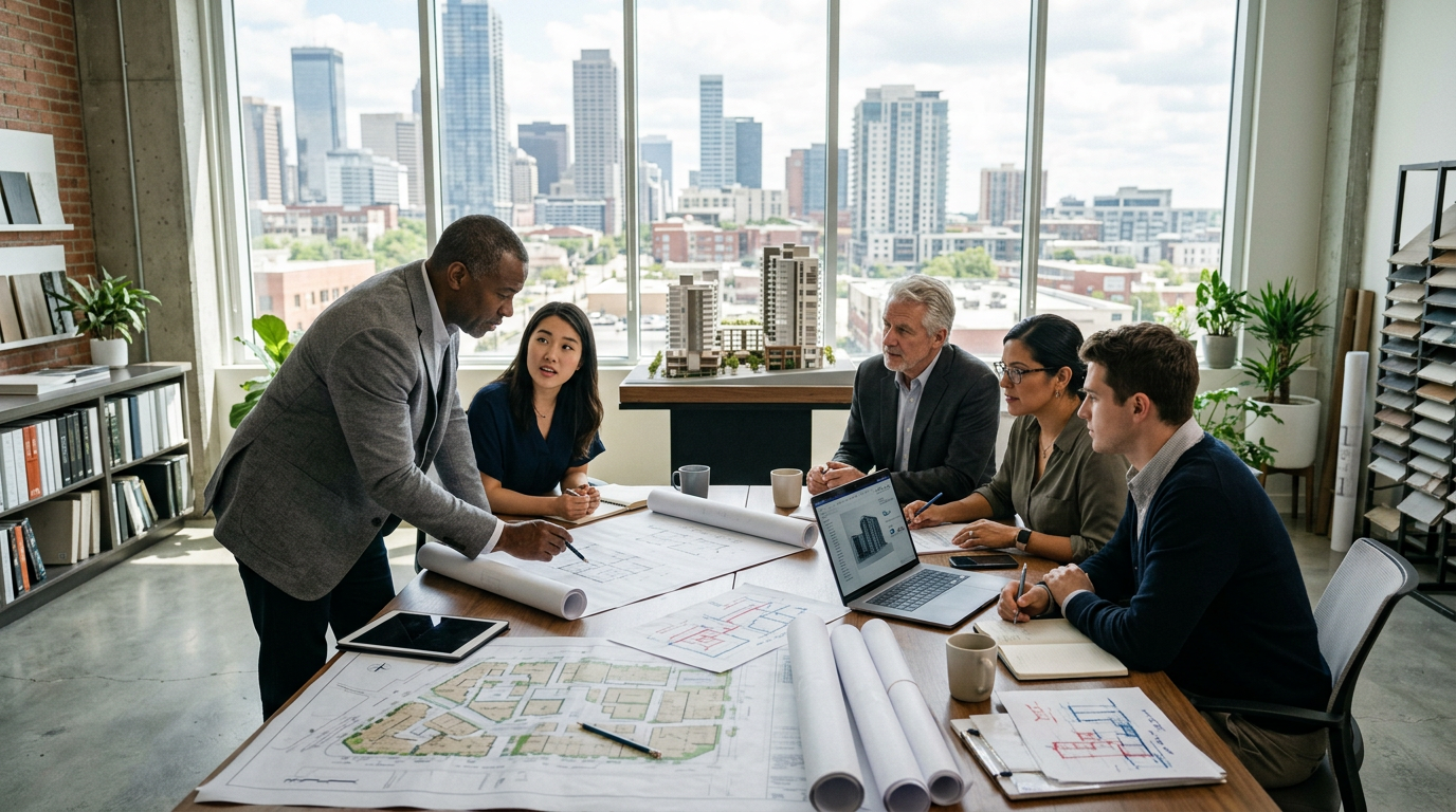 Team reviewing development plans together in a modern design studio