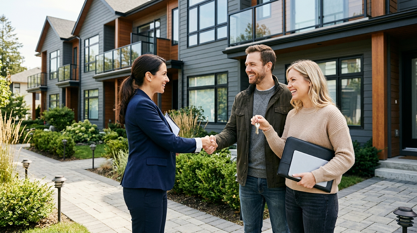 Builder welcoming happy homeowners outside modern townhomes with a key handoff