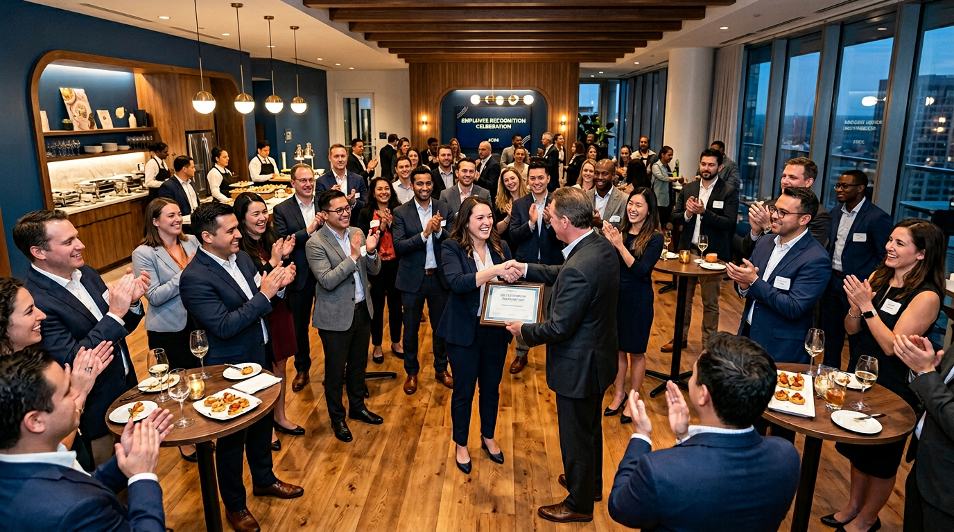 Team member being recognized at a company celebration event while coworkers applaud