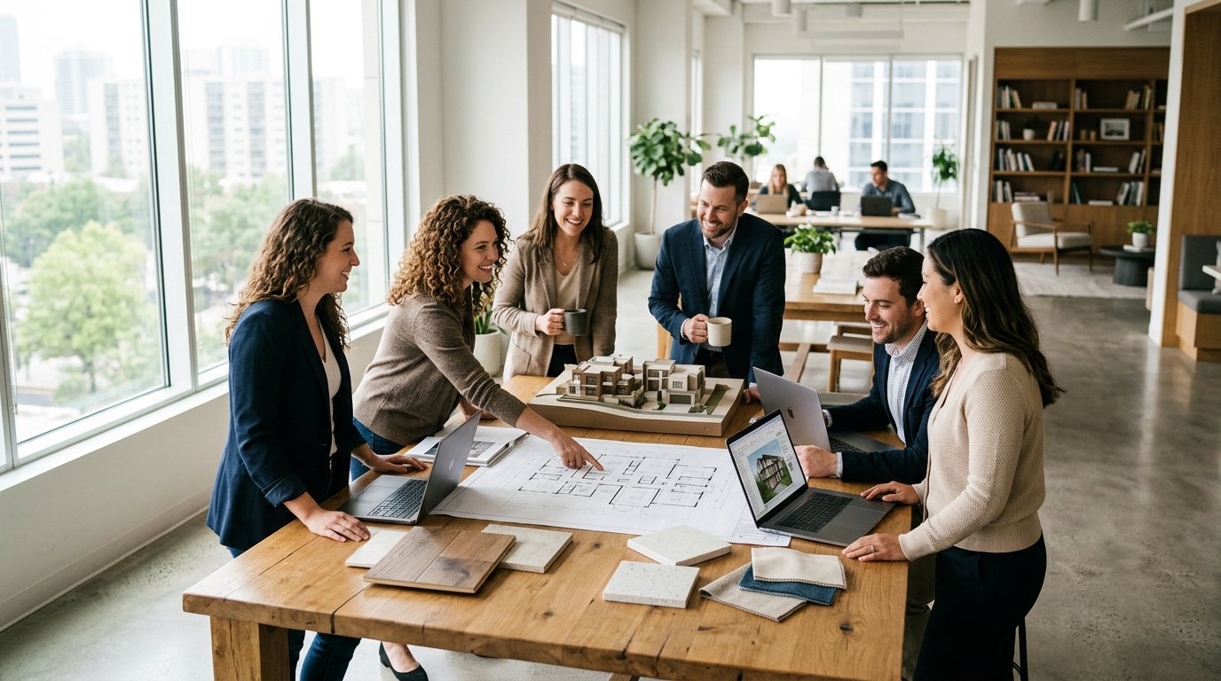 Team collaborating around plans and models in a bright modern office