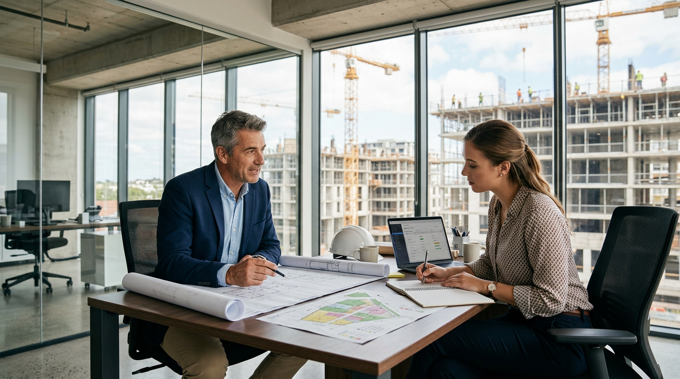 Mentor and team member reviewing plans in an office overlooking an active construction site