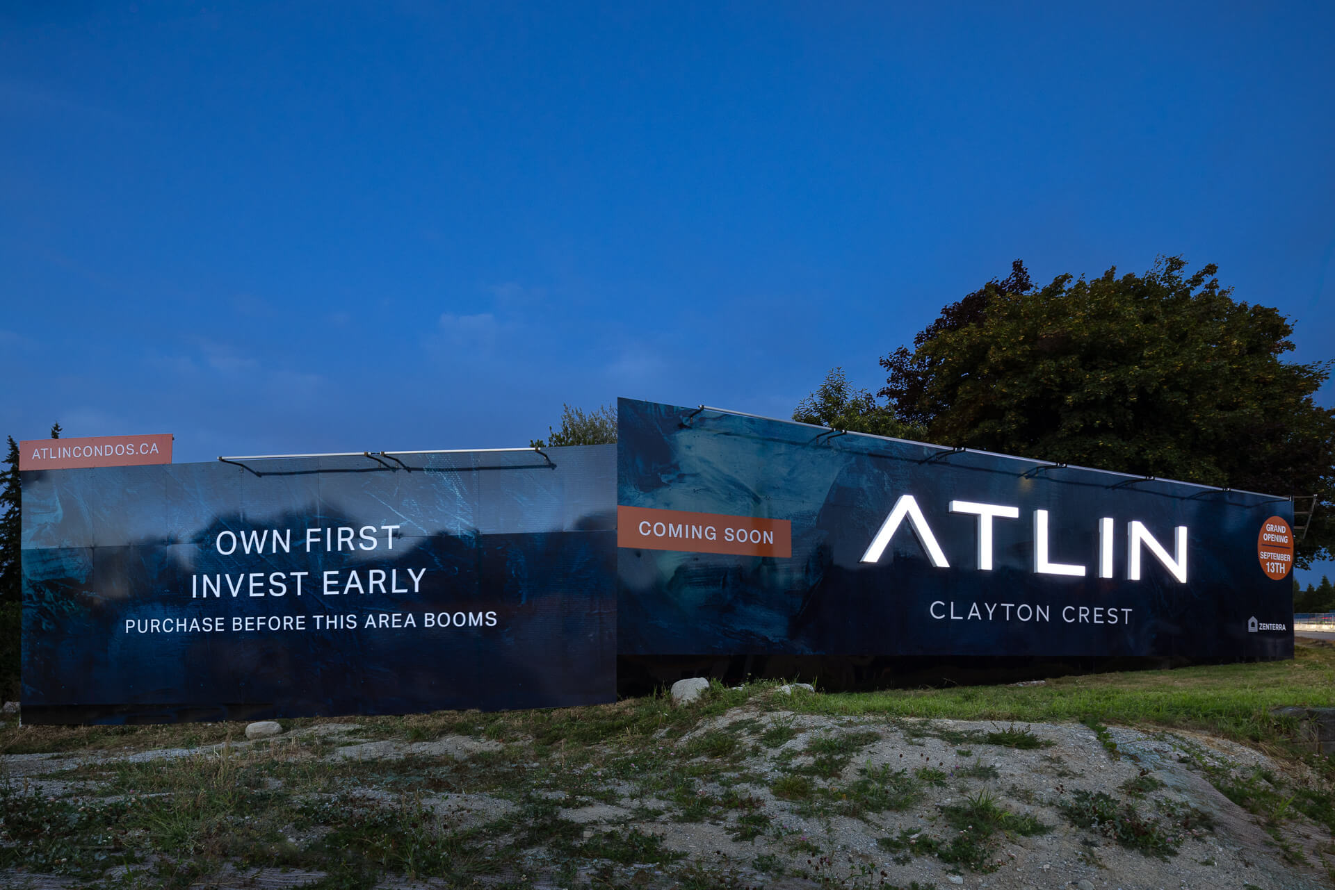 Atlin exterior campaign signage at the project site.