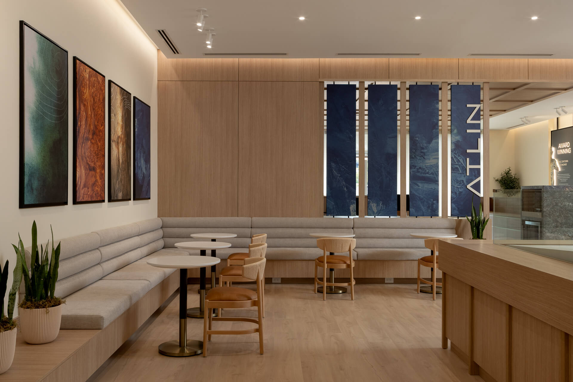 Lounge seating area inside the Atlin presentation centre.