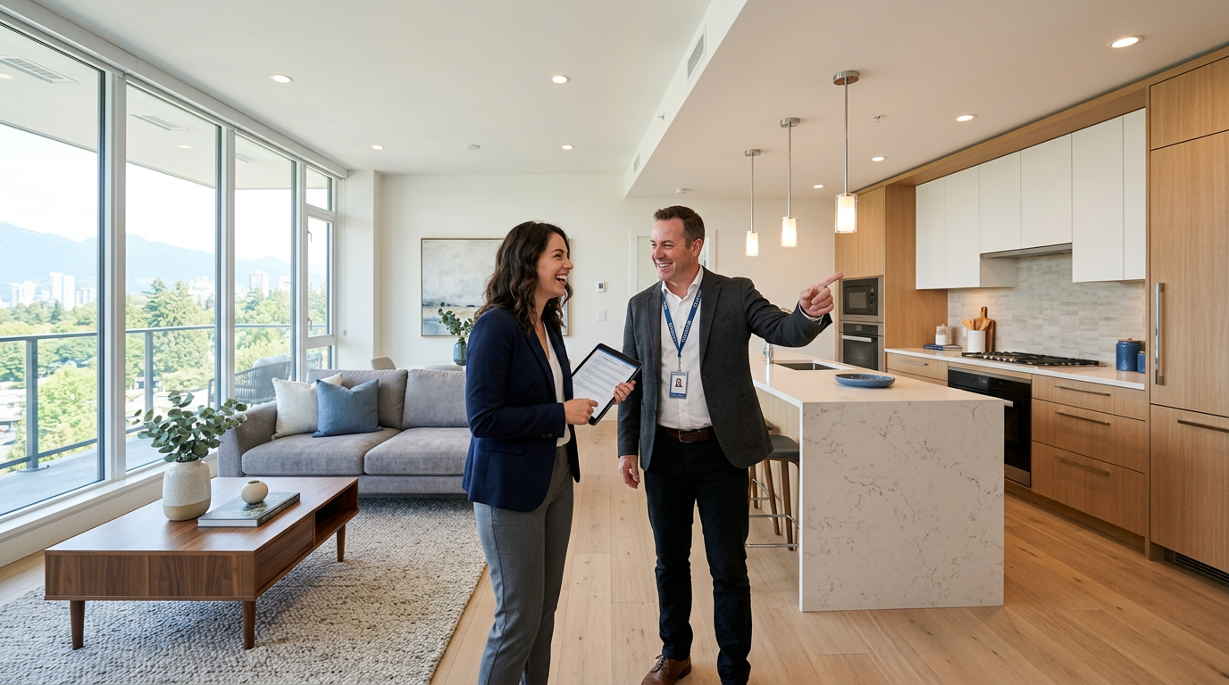 Pre-occupancy walkthrough with a homeowner and Zenterra representative in a bright new home.