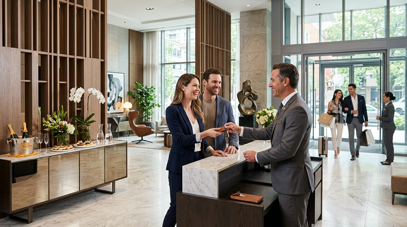 Move-in day welcome with a homeowner receiving keys in a modern lobby.