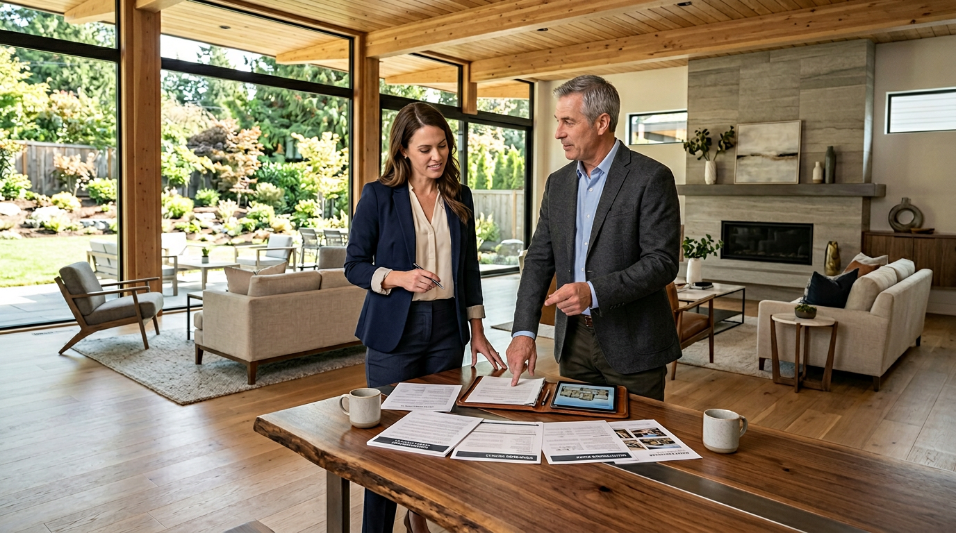 Home warranty meeting showing confidence, protection, and quality in a modern home.